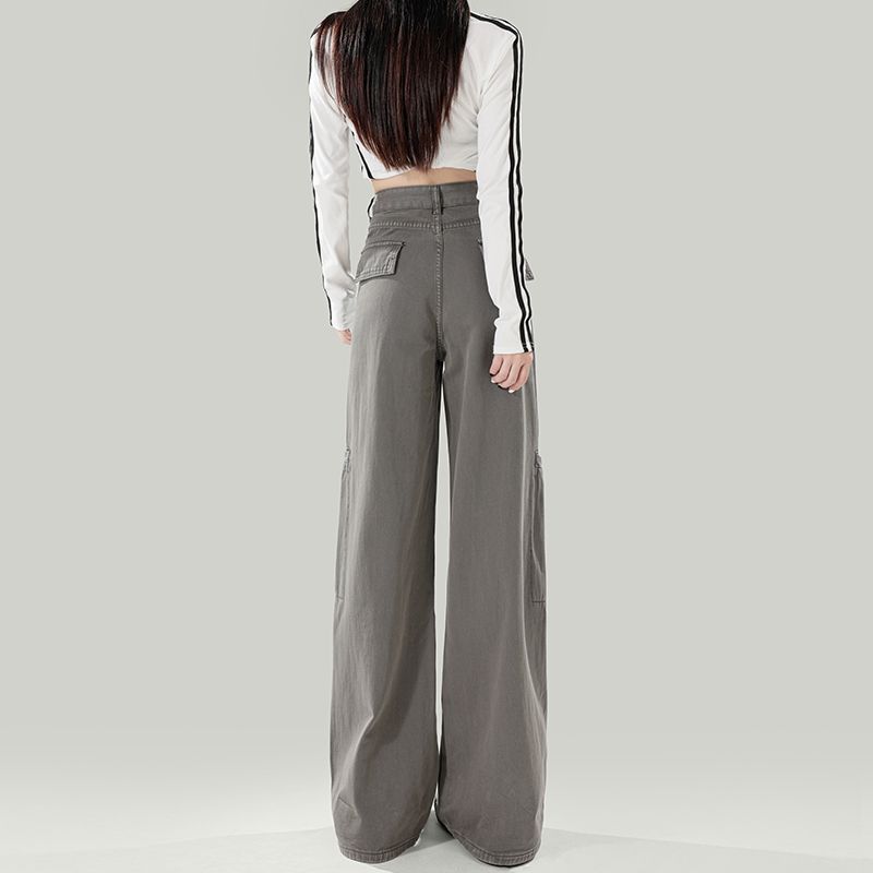 Spring Cement Gray Vintage High Waist Straight Wide Leg Cargo Denim Pants Women Casual Pants Oversize Denim Trousers