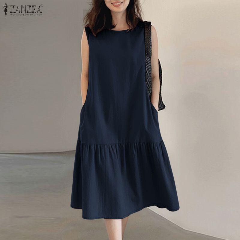 ZANZEA Women Casual Round Neck Solid Color Loose Sleeveless Dress