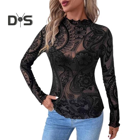 

Женские топы с круглым вырезом и длинным рукавом, облегающие, весна-осень, пуловеры, топы, прозрачные, с геометрическим узором, кружевные, цветочные, сетчатые футболки S чёрный