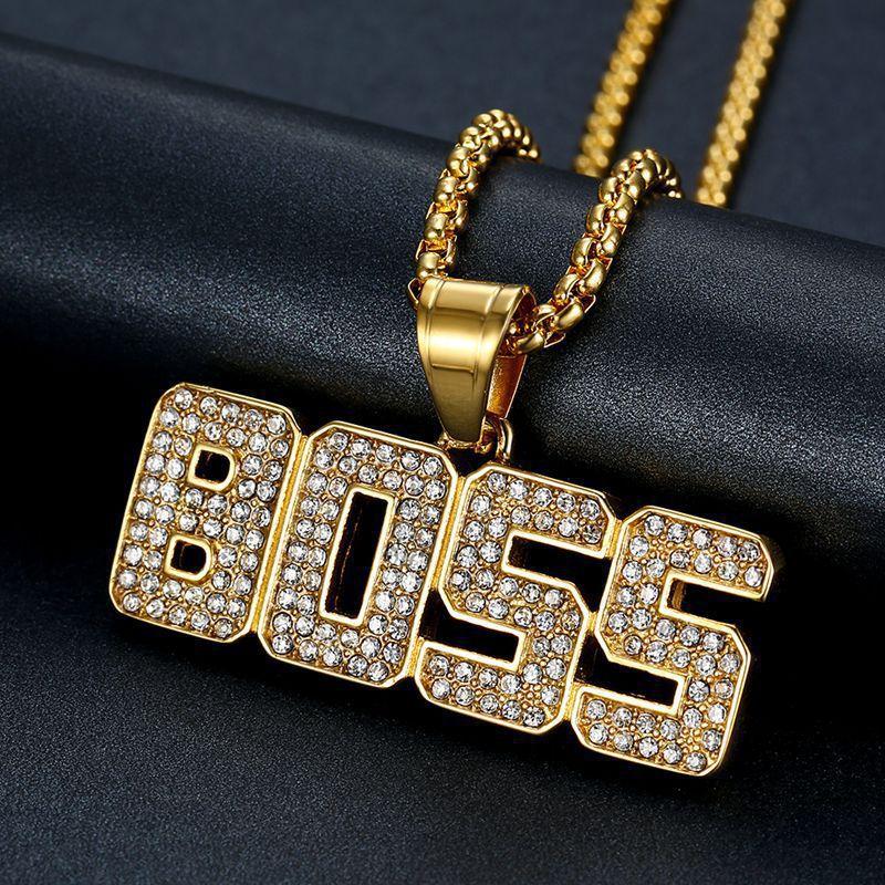 New Hip-Hop Jewelry Titanium Steel Gold-Plated Diamond-Encrusted BOSS Letter Pendant Necklace
