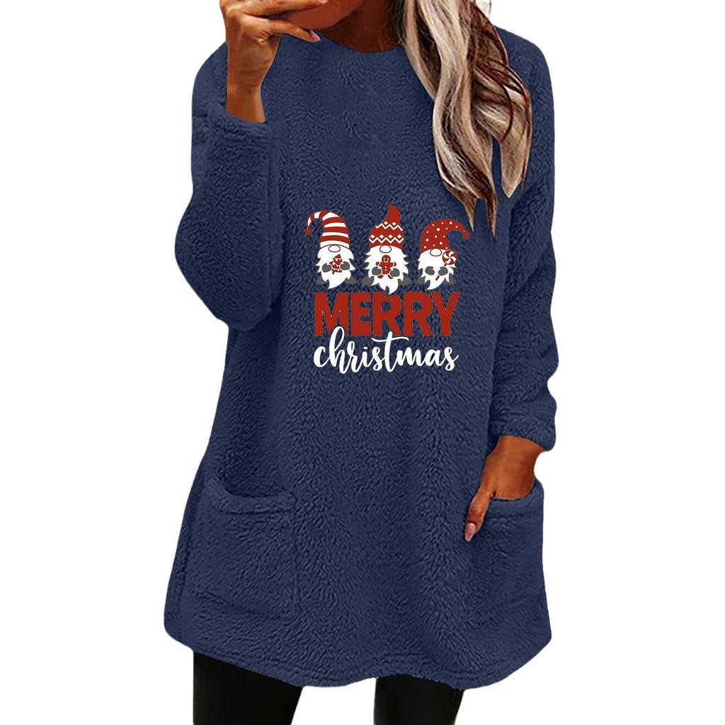 Damen Weihnachtsdruck Rundhals Locker Langarm Tasche Plüsch Hoodie