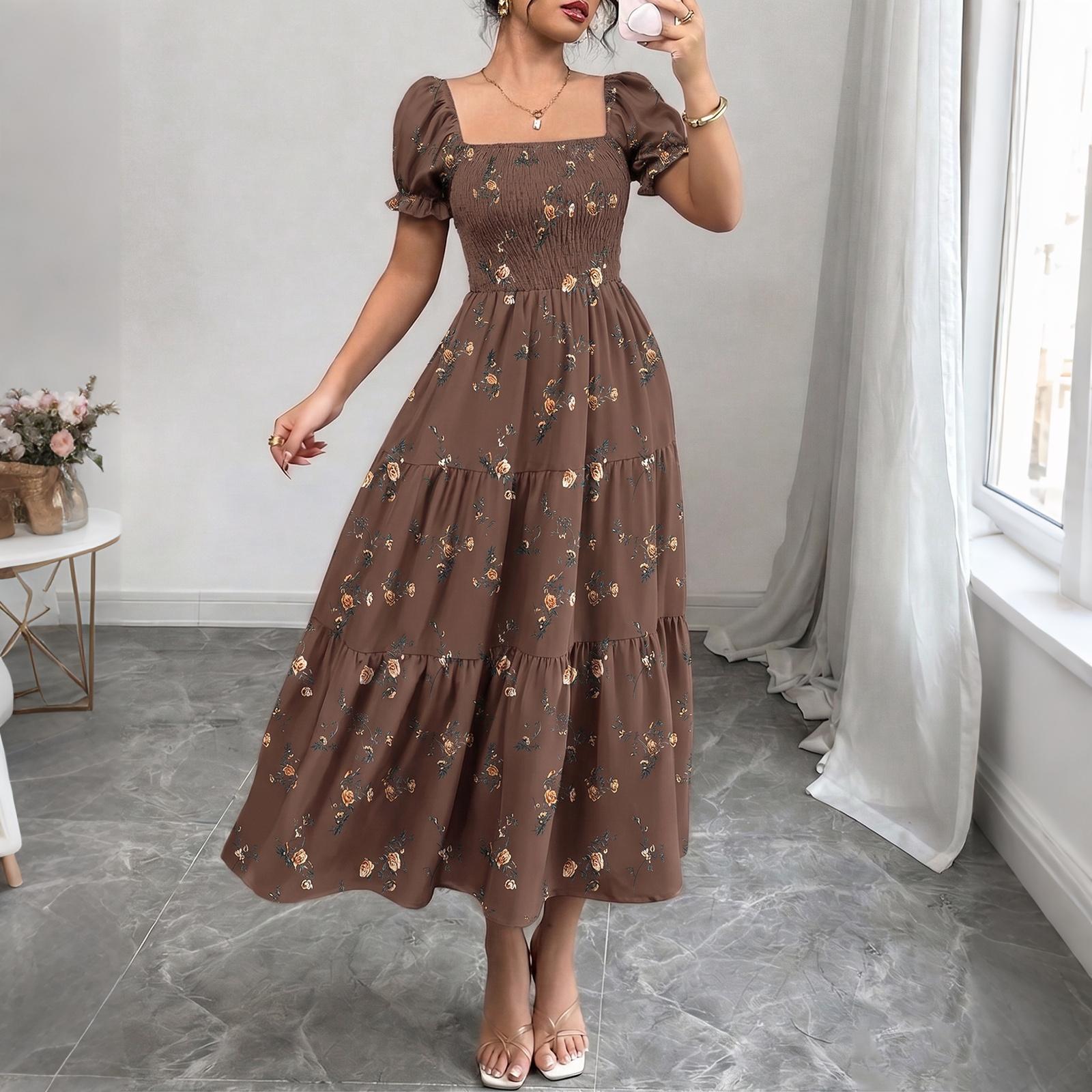 

Women s Square Neck Floral Print Maxi Dress Summer Waist Defined Long Dress Casual Loose Fit Lightweight Fabric L кавовий