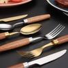 Four-piece Set of 304 Stainless Steel Knives Forks and Spoons with Limu Handles and Titanium-plated Metal Tableware