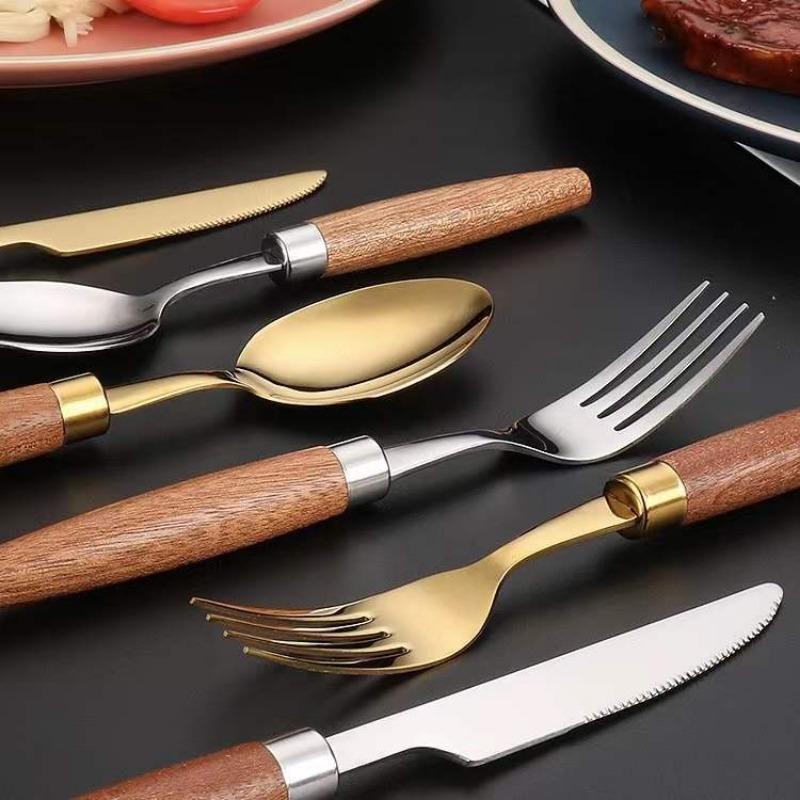 Four-piece Set of 304 Stainless Steel Knives Forks and Spoons with Limu Handles and Titanium-plated Metal Tableware