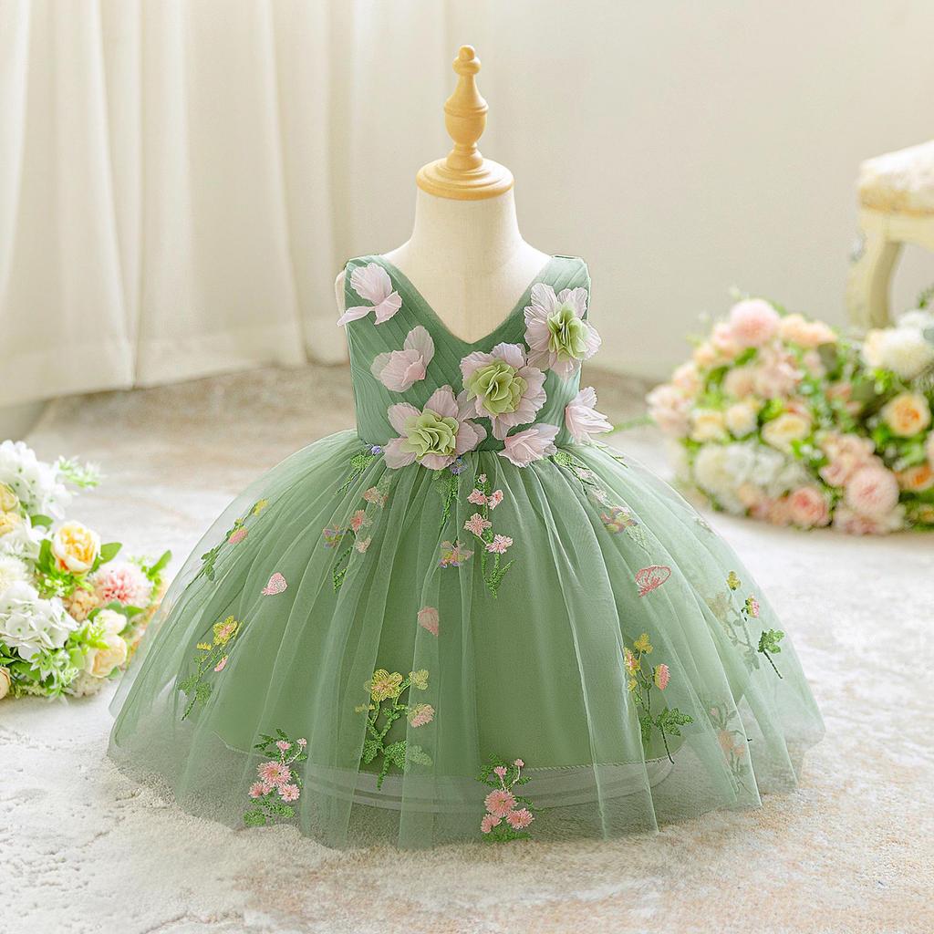 Avocado Green Applique Flower Girl Dress with Puffy Skirt
