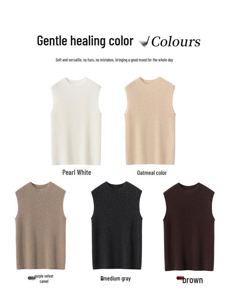 Women's Cashmere Ribbed Sleeveless Slim-Fit Pullover Sweater with Half-High Neck