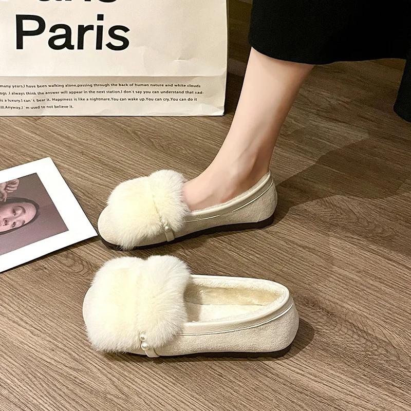 Winter New Flat Beaded Plush Cotton Shoes Women Casual Soft Sole Warm Snow Boots Retro Mary Jane Shoes Non-slip Loafers Sneakers