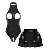 Ladies Wet Look PU Leather Club Outfit Open Front Tiered Ruffle Mini Skirt and Backless Halter Bodysuit for Pole Dance Performance