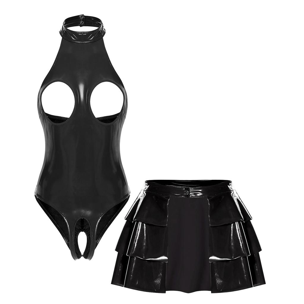 Ladies Wet Look PU Leather Club Outfit Open Front Tiered Ruffle Mini Skirt and Backless Halter Bodysuit for Pole Dance Performance