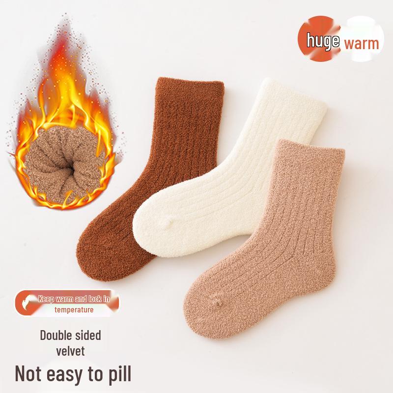 Sada 3 ks - Dětské zesílené ponožky z coral fleecu proti žmolkování pro podzim/zimu, střední výška lýtka, unisex pro chlapce a dívky