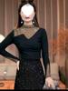 Heavy Rhinestone Long-Sleeve Warm Turtleneck Shirt for a Slimming, Youthful Look