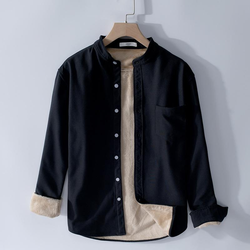 Winter Warme Herrenbekleidung Koreanischer Stil Langarm Oxfordhemden für Herren Täglich Lässig Stehkragen Einfarbig Fleecehemd mit Tasche