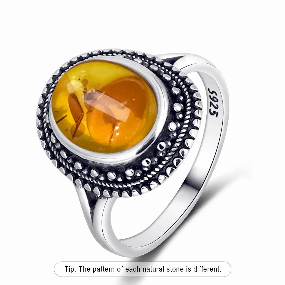S Sterling Silver Ring With Natural Amber Stone Flower Shape Oval Petal Amber Stone Gifts Fine Jewelry For Women