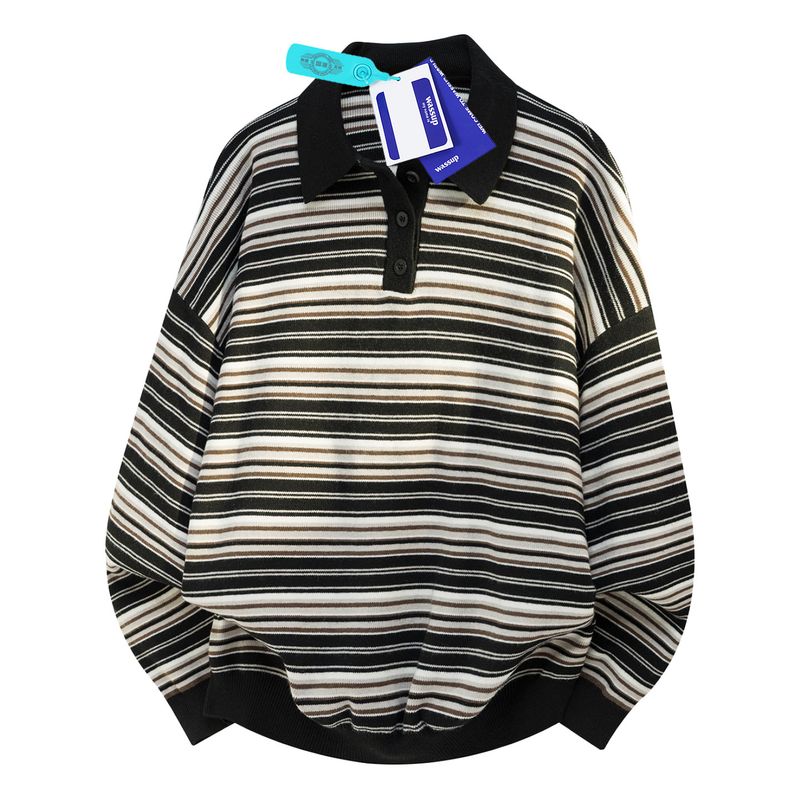 Wassup American Retro Vintage Style Polo Collar Striped Men's Loose Casual High-End Long-Sleeve Knit Sweater
