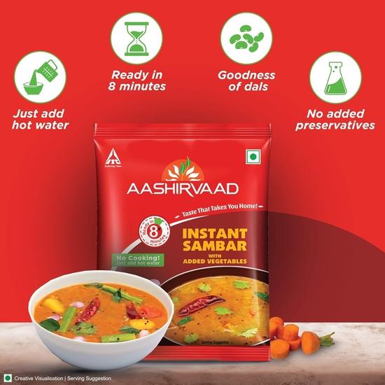 Aashirvaad Instant Sambar with Added Vegetables, Ready To Eat, Goodness of Dals, No Added Preservatives, Ready In 8 Minutes, 30g