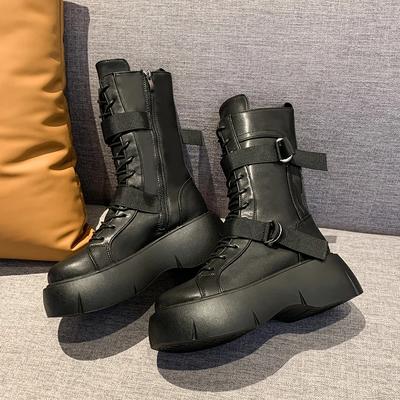 Marca de calçados femininos Botas femininas de cano médio Botas femininas da moda Fivela de cinto Botas modernas Mulheres Novas Botas de salto plataforma com zíper lateral