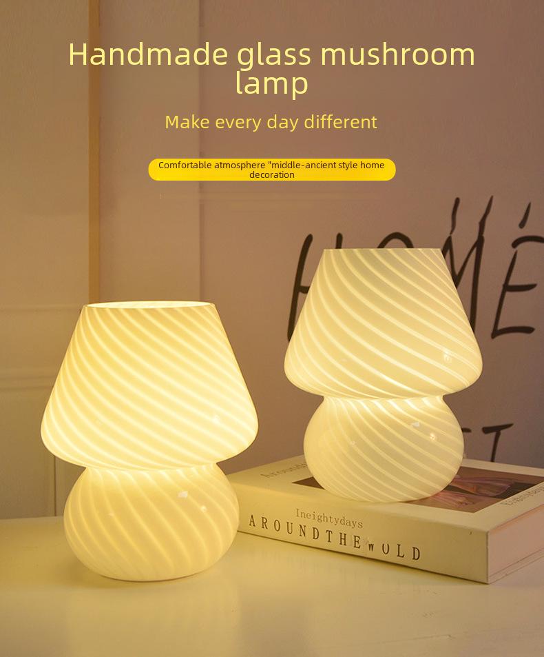 American Medieval Vintage Striped Glass Mushroom Table Lamp with USB - Retro Bedside Night Light