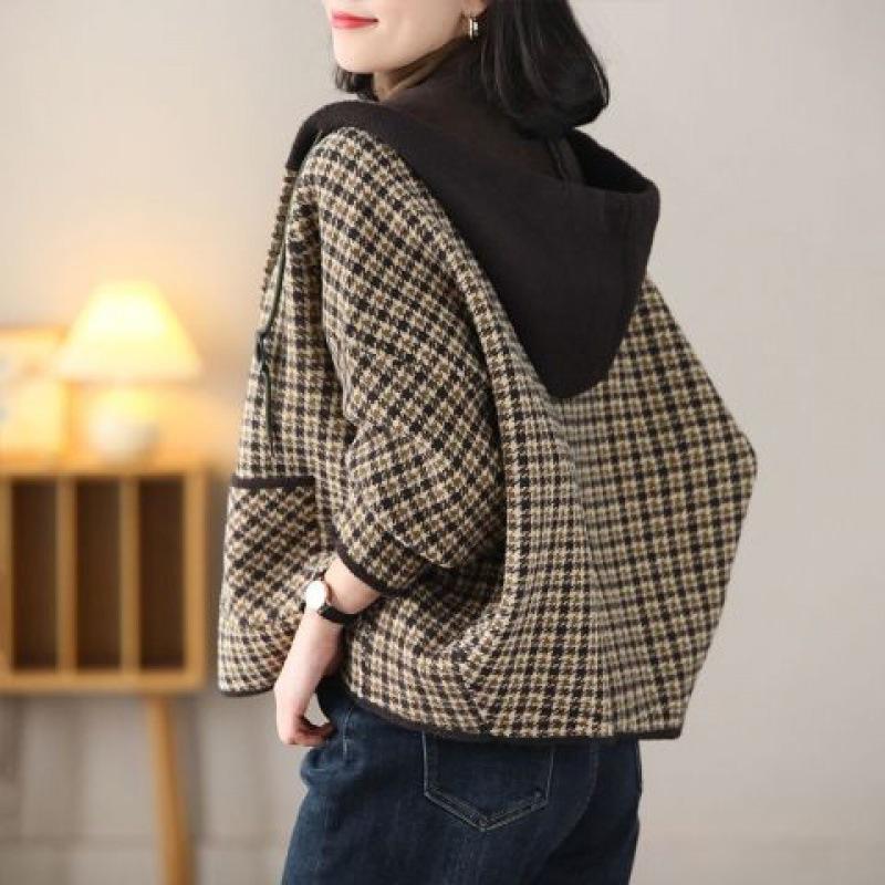 Retro Thousand Birds Plaid Jacket Women's Large Size Loose Literary Versatile Skinny Thousand Soft Velvet Temperament Hooded Long Sleeves