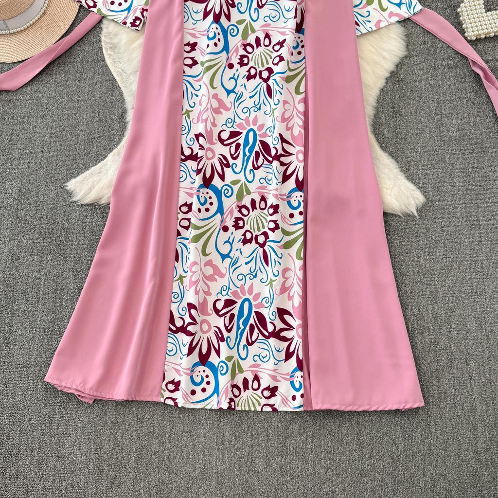 Podzimní Vintage Dámské Tištěné Patchworkové Dlouhé Šaty Elegantní O-Výstřih Vysoký Pas A-Linie Ležérní Maxi Šaty Dámské Sváteční Šaty