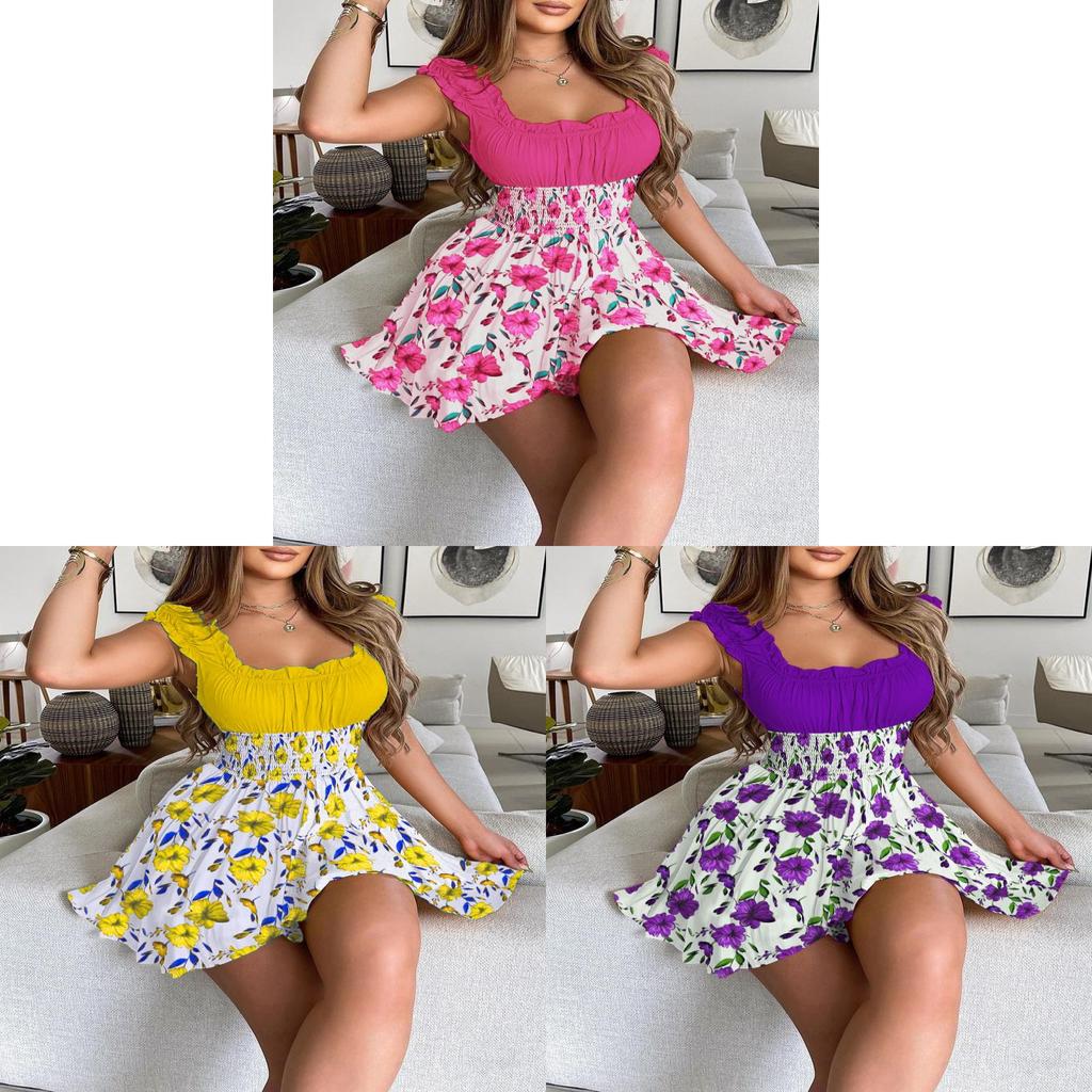 Urban Style Sleeveless Polyester Collage Womens Summer Dress With Pleated Skirt For Casual Wear
