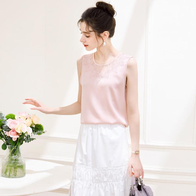 TUHUANG Elegant Mulberry Silk Blend Lace Round Neck Sleeveless Top XL
