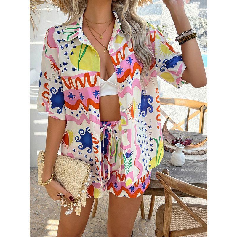 Printed Collar Shirt Casual Shorts Set Print Lapel Shirts Shorts Set