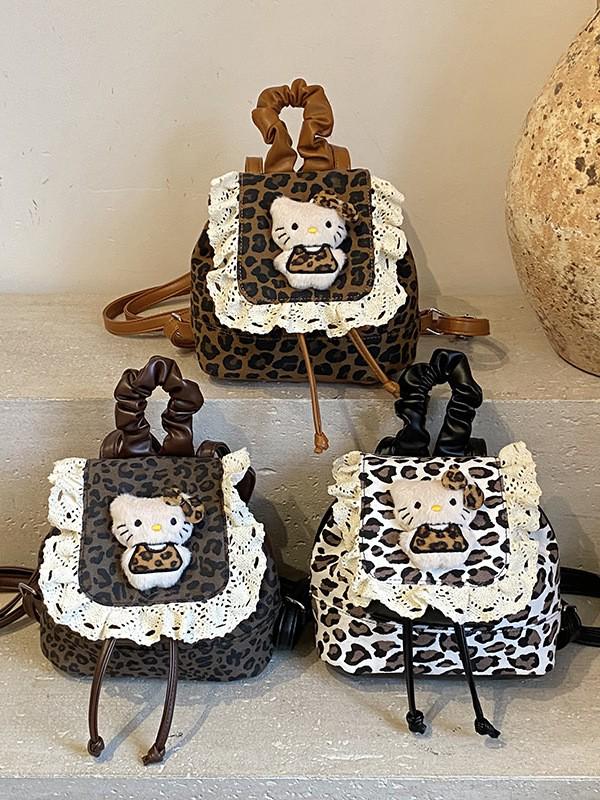 Korean Ruffle Lace Retro Leopard Print Girls' Kitten Backpack - Cute and Versatile Cartoon-Style Design