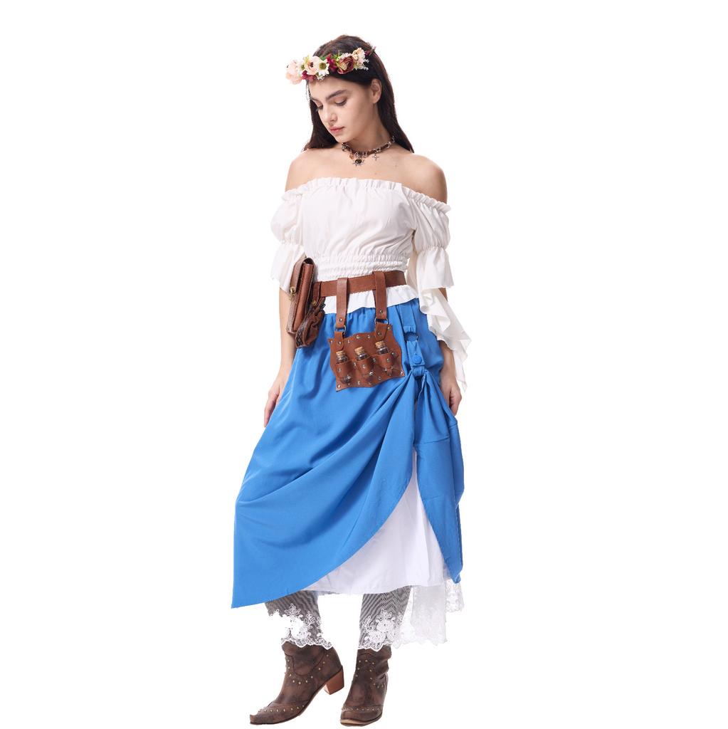Women's Costume Off Shoulder Top Irregular Skirt Vintage Outfit With Decoration