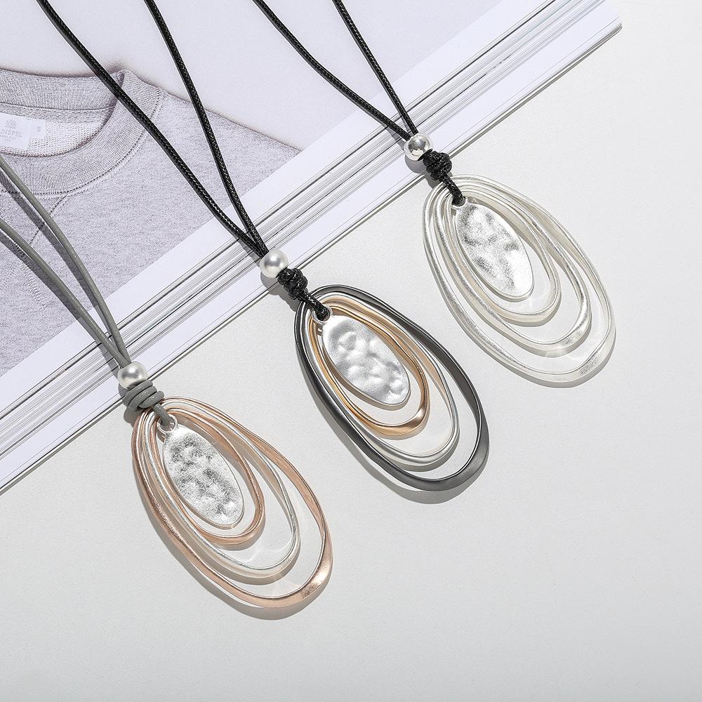 Sweater Chain Stylish Simple Geometric Oval Pendant Women'S Multi-Level Long Necklace