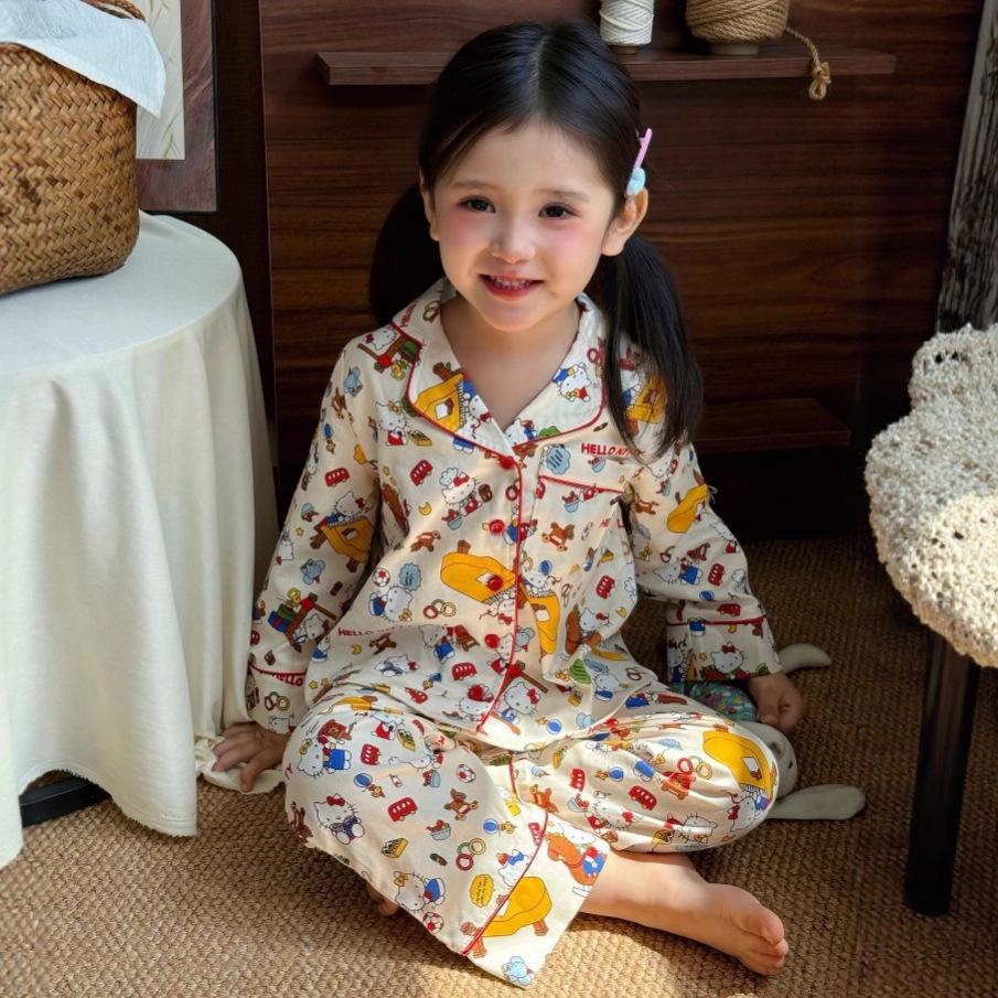 Korean Style Plaid Cat Kids Pajama Set for Girls - Spring/Autumn Wear