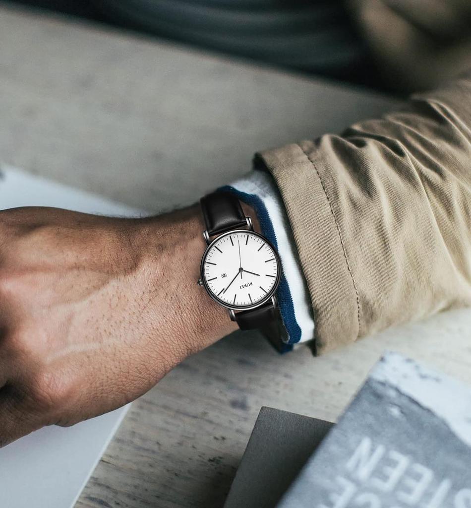 BUREI Men's Watch, Stylish Leather Band, Business Style, Slim Design, Simple Design, Brand Name