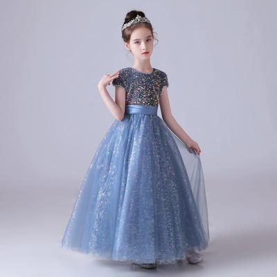 Princess Dress for Children Sparkly Sequin Short Sleeve Flower Girl Dress Tulle Kid Birthday Party Pageant Prom Gown Junior Bridesmaid