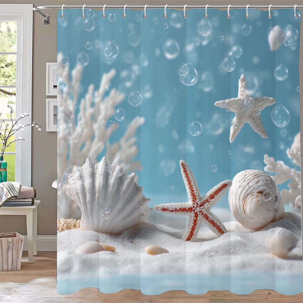 Sunshine Ocean Starfish Shell Printing Shower Curtain, Bathroom Decorative Shower Curtain, Waterproof Shower Curtain With Hooks