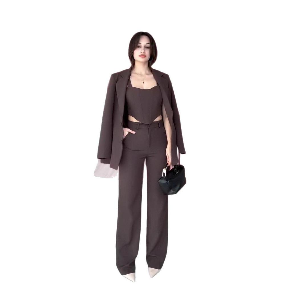 2025 Autumn Women's European and American Commuting Camisole Top, Long Sleeve Suit Jacket, and Straight Leg Pants Set