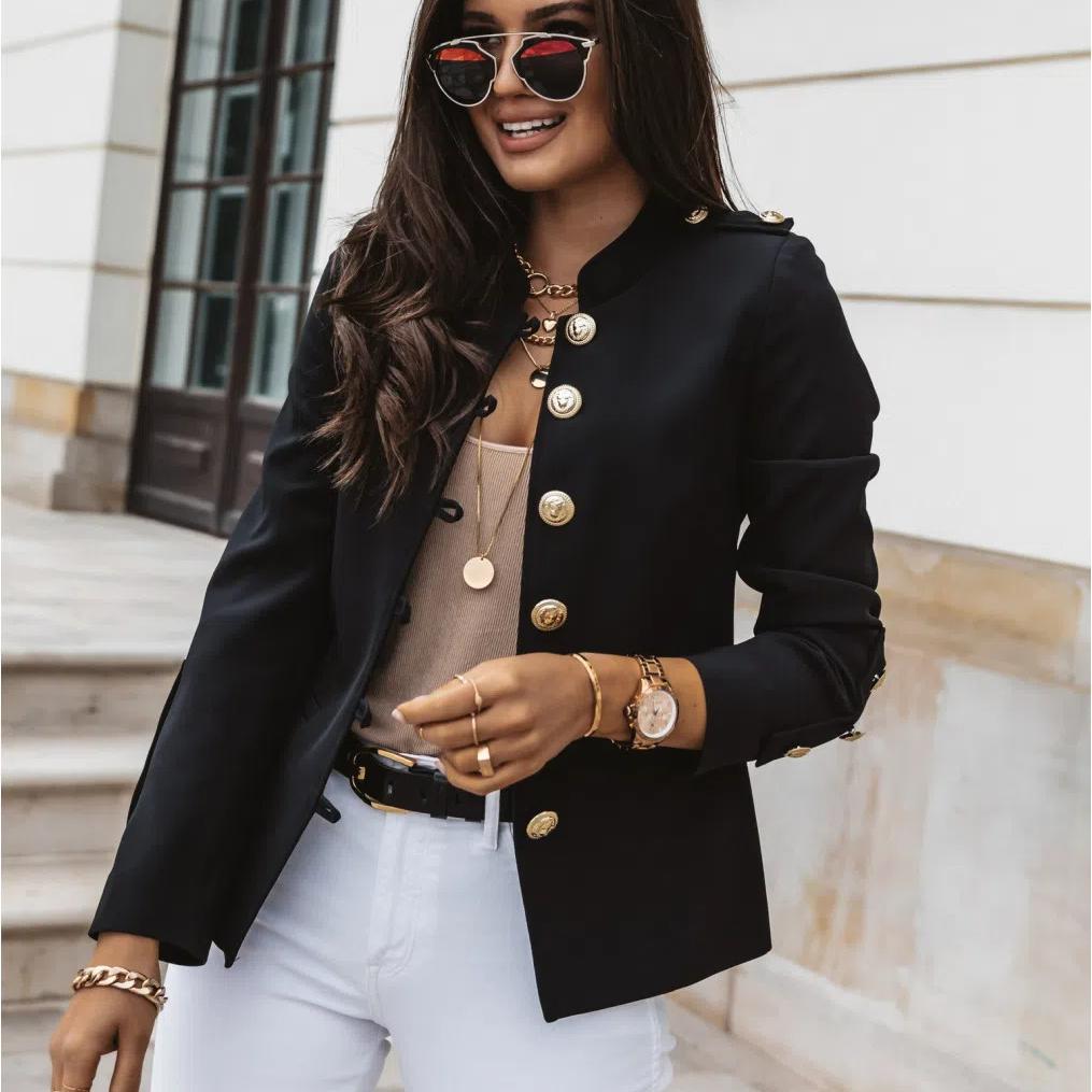 Blazer ajusté à manches longues pour femme, veste boutonnée élégante, manteau court stylé avec boutons décoratifs