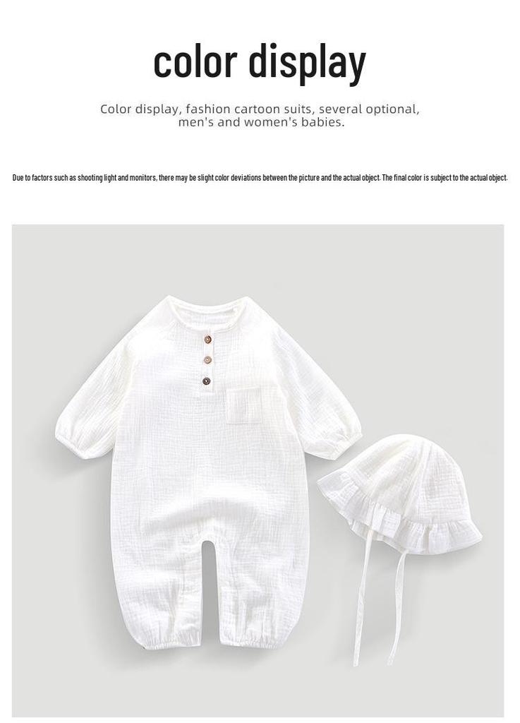 Hooded Baby Summer Romper: Double Layer Gauze, 100% Cotton, Solid Color, Breathable and Sweat-Absorbent - Ideal for Crawling and Casual Wear