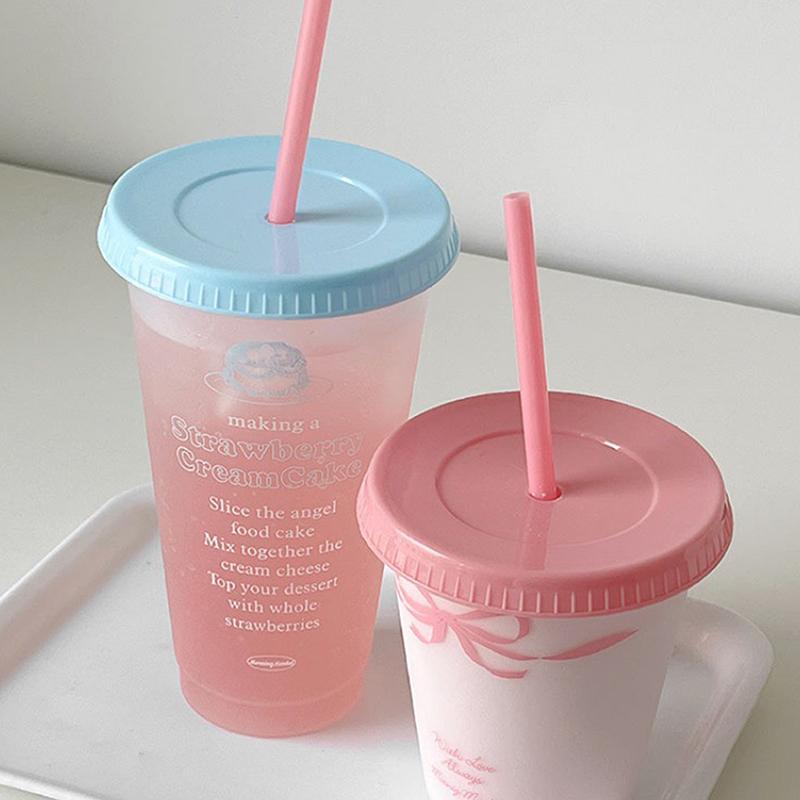 1Pc Ins Portable Reusable Drinking Bottle Kawaii Water Bottle For Coffee Juice Milk Tea Cute Plastic Cold Cups With Straw Lid
