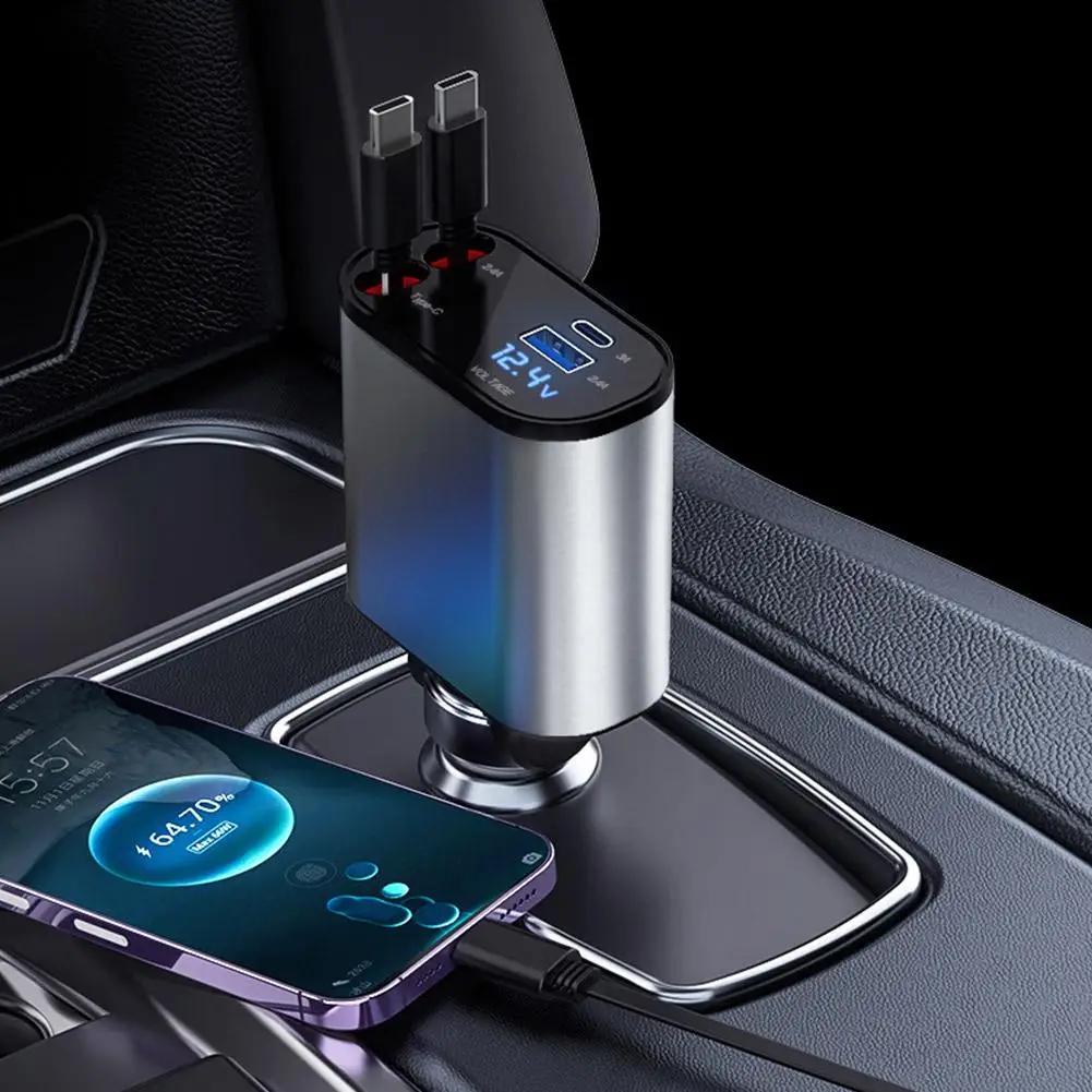 100W 4 IN 1 Retractable Car Charger USB Type C Cable For IPhone Huawei Samsung Fast Charge Cord Cigarette Lighter Adapter X4W3