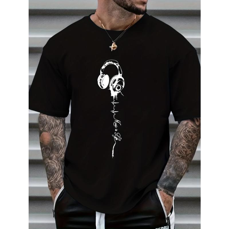 Men's Summer Earphones with Letter Print, Breathable and Comfortable Round Neck T-shirt, Outdoor Sports and Leisure Top