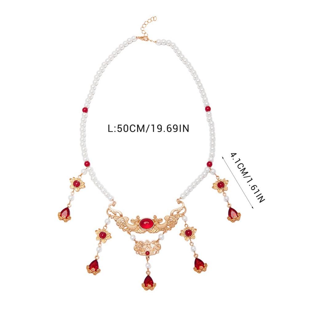 Red Droplet Lotus Necklace Chinese Ancient Jade Fringe Pendant with Pearl Beads Vintage Costume Party Jewelry Choker Accessories