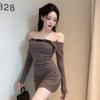 Korean Chic American Retro Spice Girl Style One Word Shoulder Long Sleeves Tight and Thin Pure Desire Short Hip Wrap Dress Women