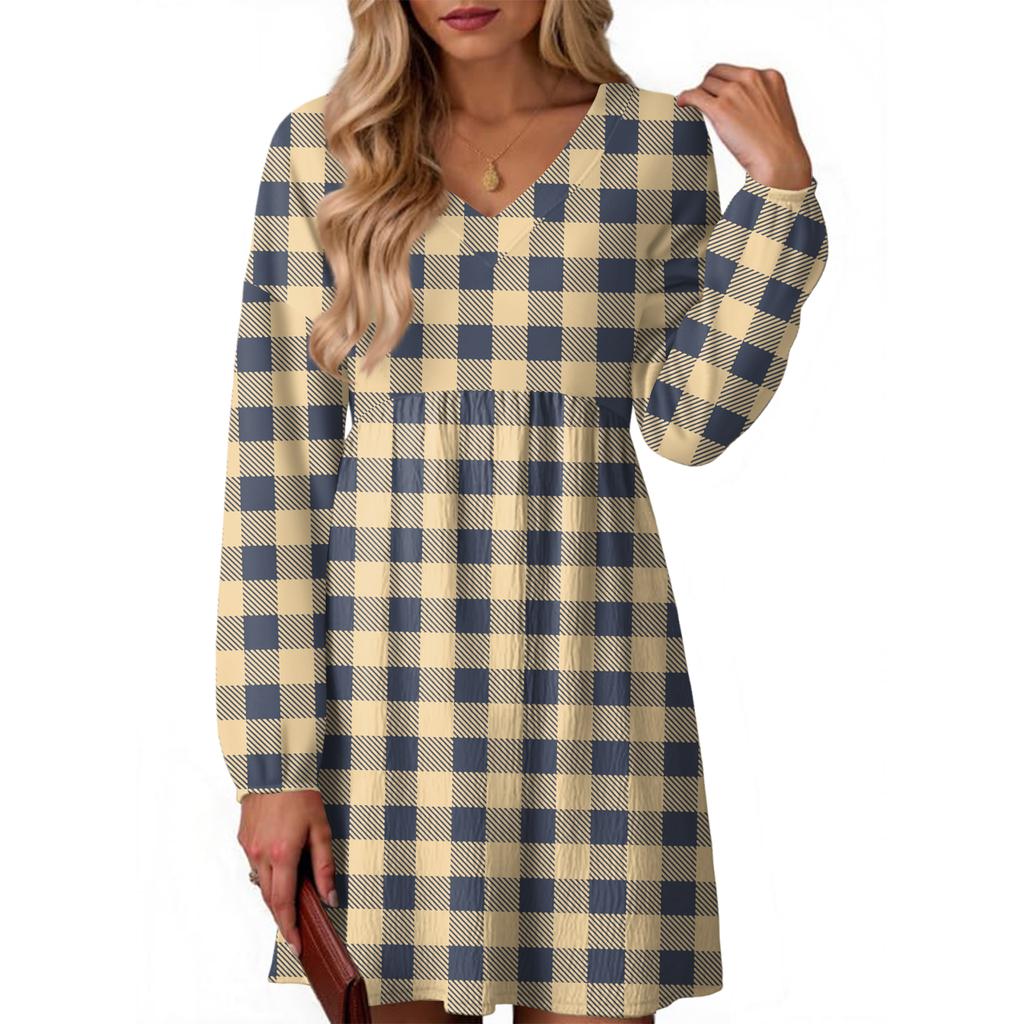 Women's Fashion Plaid Print V-Neck Long Sleeve Dress