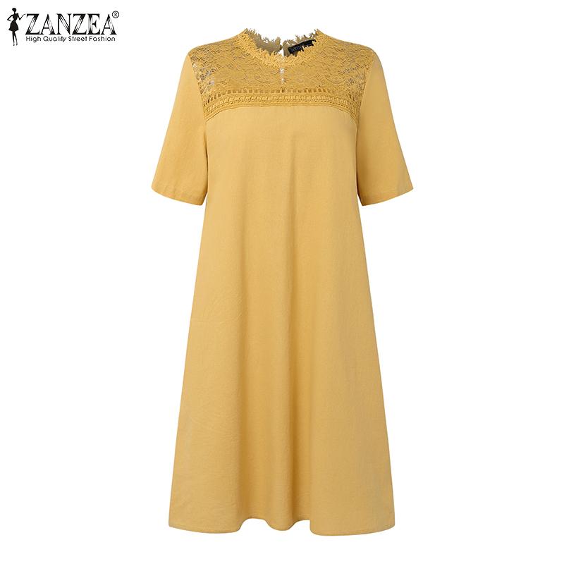 ZANZEA Abito Tunica Casual Vintage da Donna con Scollo Rotondo e Maniche Corte con Patchwork di Pizzo