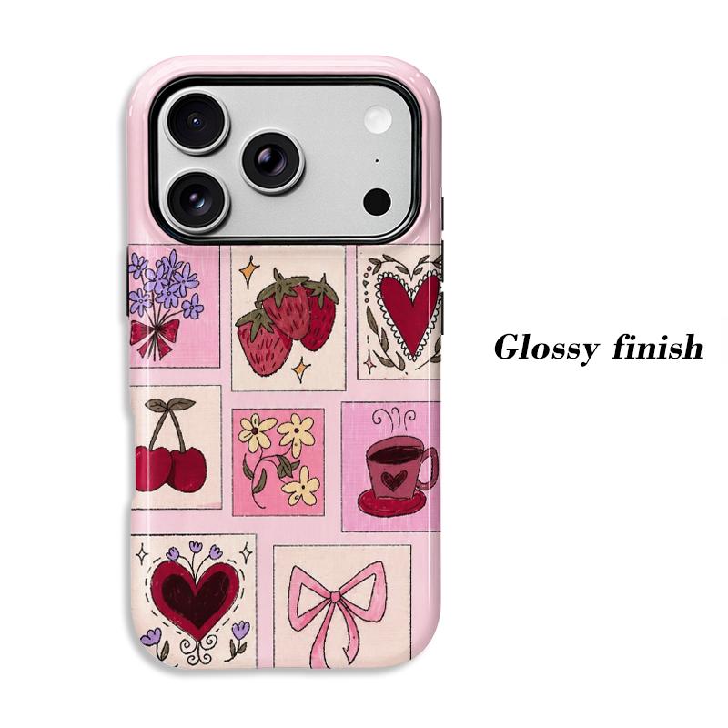 Pink Grid Collage Strawberry Cherry Heart Bow Floral Coffee Print Phone Case Coquette Cute Girly Vintage Shockproof Cover For All iphone Series