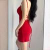 Moda feminina sexy mini vestidos sólido cinta de espaguete sem costas rendas até fino ajuste fenda vestido vermelho preto
