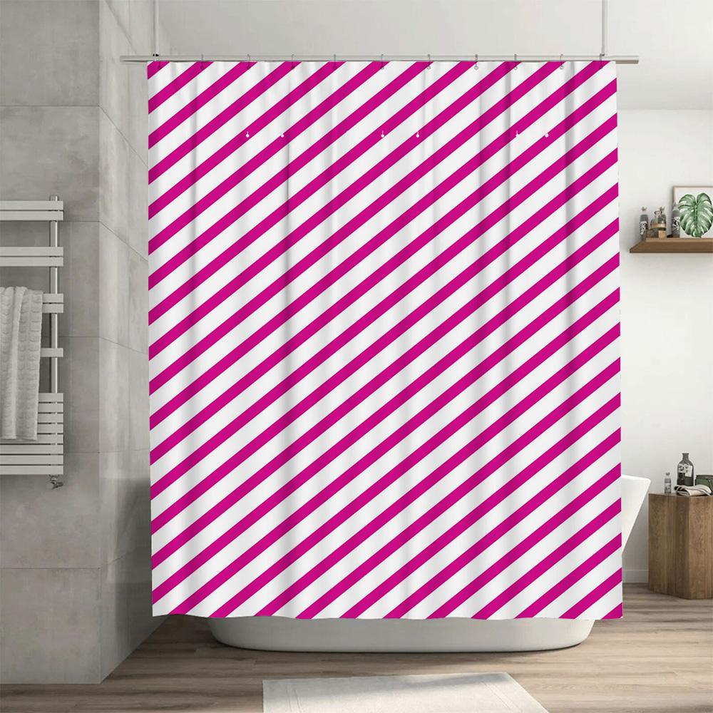 Pink and White Striped Shower Curtain Waterproof Fabric Bathroom Decor Hanging Accessory for Bathtub or Toilet Area One Size (W1