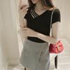 Summer Korean Version Slimming Short Sleeved Solid Color Base Shirt V-neck Shoulder Slip T-shirt Fashion Women's Clothing