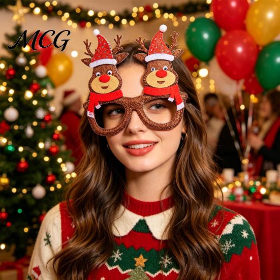 Glitter Christmas Glasses Glasses, Holiday Party Frames, Santa Hat 3D Tree Snowman Bear Funny Eyeglasses for Favors Kids And Adult