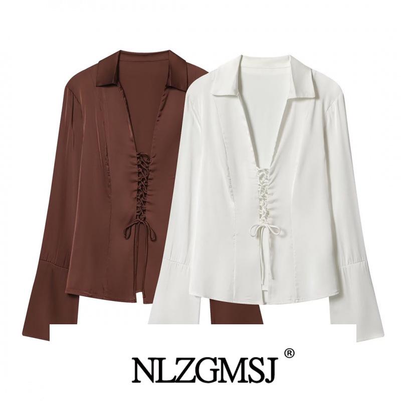 2025 Winter European Style Satin Tie-Up Flared Shirt L