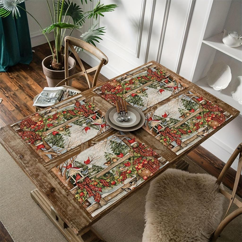 4pcs Festive Red Cardinal Bird Trees Print Woven Linen Rectangle Placemats Durable Hand Washable Heat Resistant
